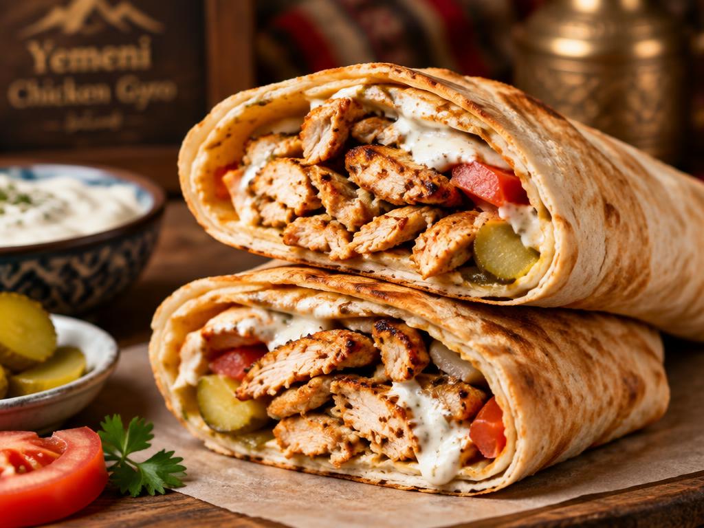 Chicken gyro wrap in warm flatbread with garlic sauce, pickles, and tomato