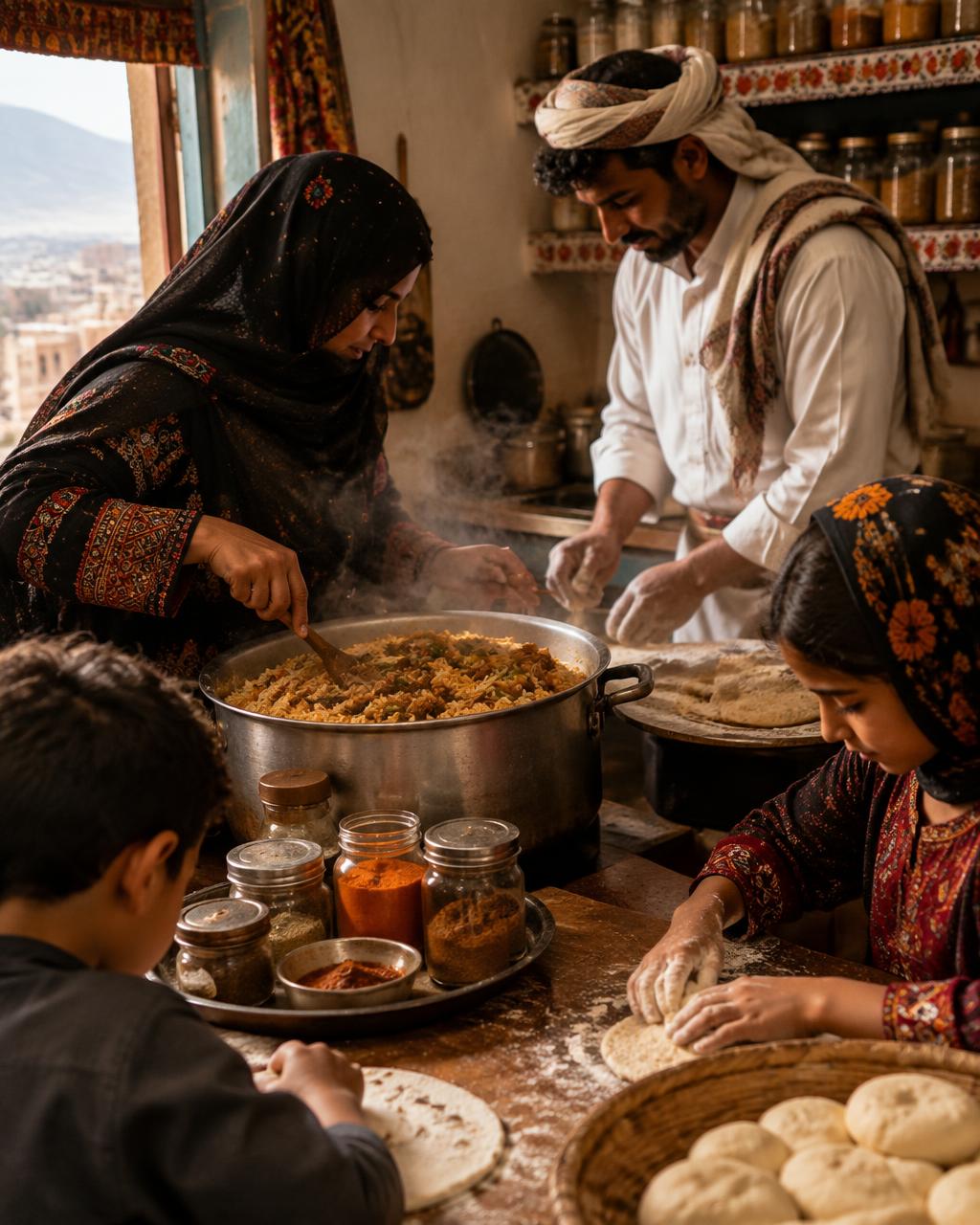 A family cooking spiced rice and flatbread together in a warm kitchen