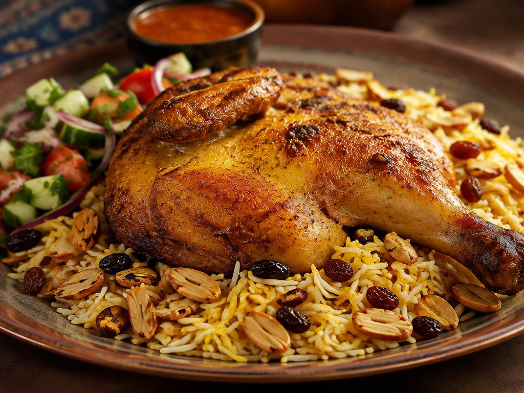 Half chicken mandi served over saffron rice with almonds, raisins, and salad