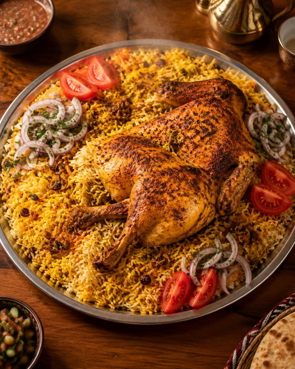 Shared Yemeni mandi platter with half chicken over saffron rice